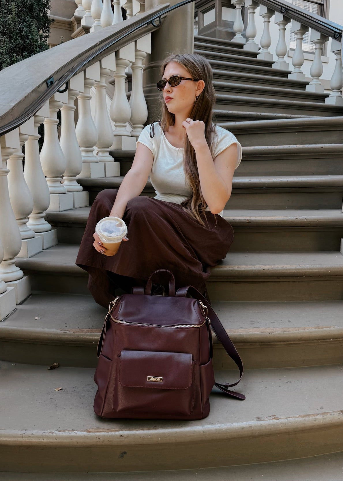 Luxury burgundy diaper bag backpack for moms in vegan leather – Montecito Merlot by Luli Bebé