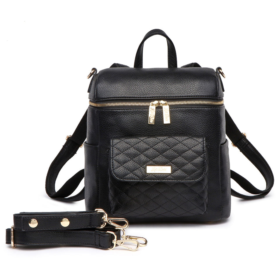 Petit Monaco ebony black diaper bag by Luli Bebe, mini diaper backpack with stroller straps, organized pockets for baby bottles and essentials