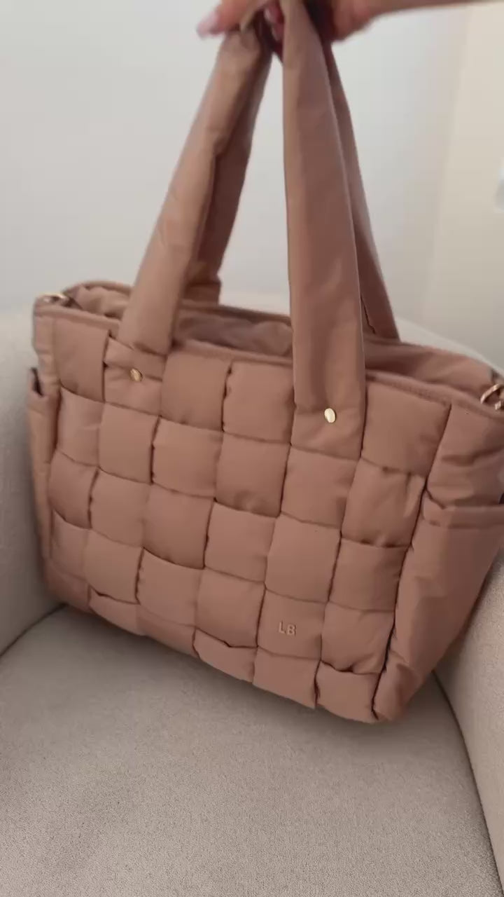 The Infinite Tote Latte diaper bag by Luli Bebé for everyday mom organization and travel.
