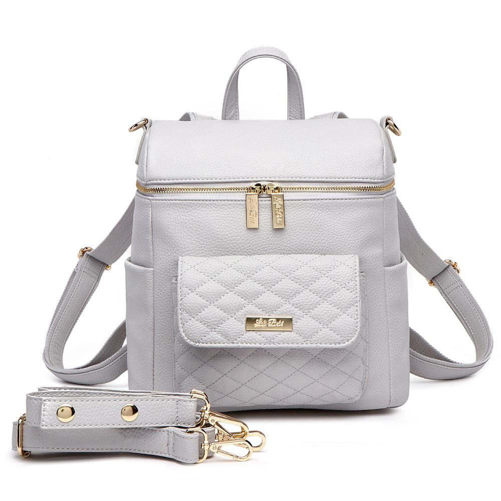 Stone Grey Diaper Bag – Petit Monaco by Luli Bebe, stylish mini diaper bag backpack with stroller straps included