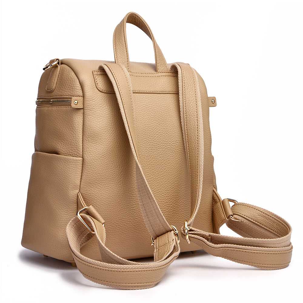 Latte brown mini diaper bag side view showing crossbody strap and compact design in premium vegan leather