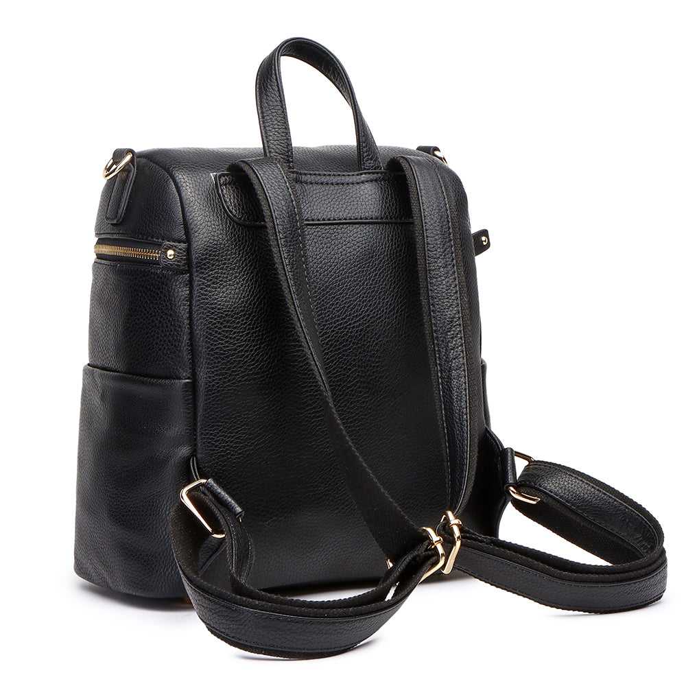 Petit Monaco ebony black diaper bag by Luli Bebe, back view showing adjustable backpack straps and stroller straps for moms and baby essentials