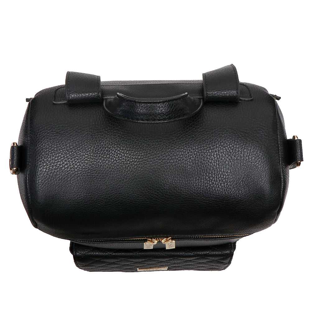 Petit Monaco ebony black diaper bag by Luli Bebe, top view showing spacious interior and pockets for baby bottles, diapers, and essentials