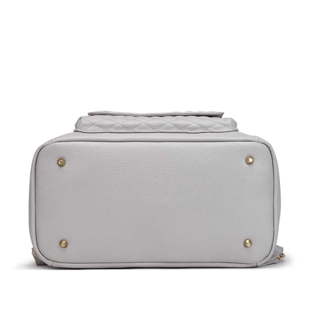 Bottom view of the Large Signature Diaper Bag in Stone Grey by Luli Bebe, durable base for everyday mom