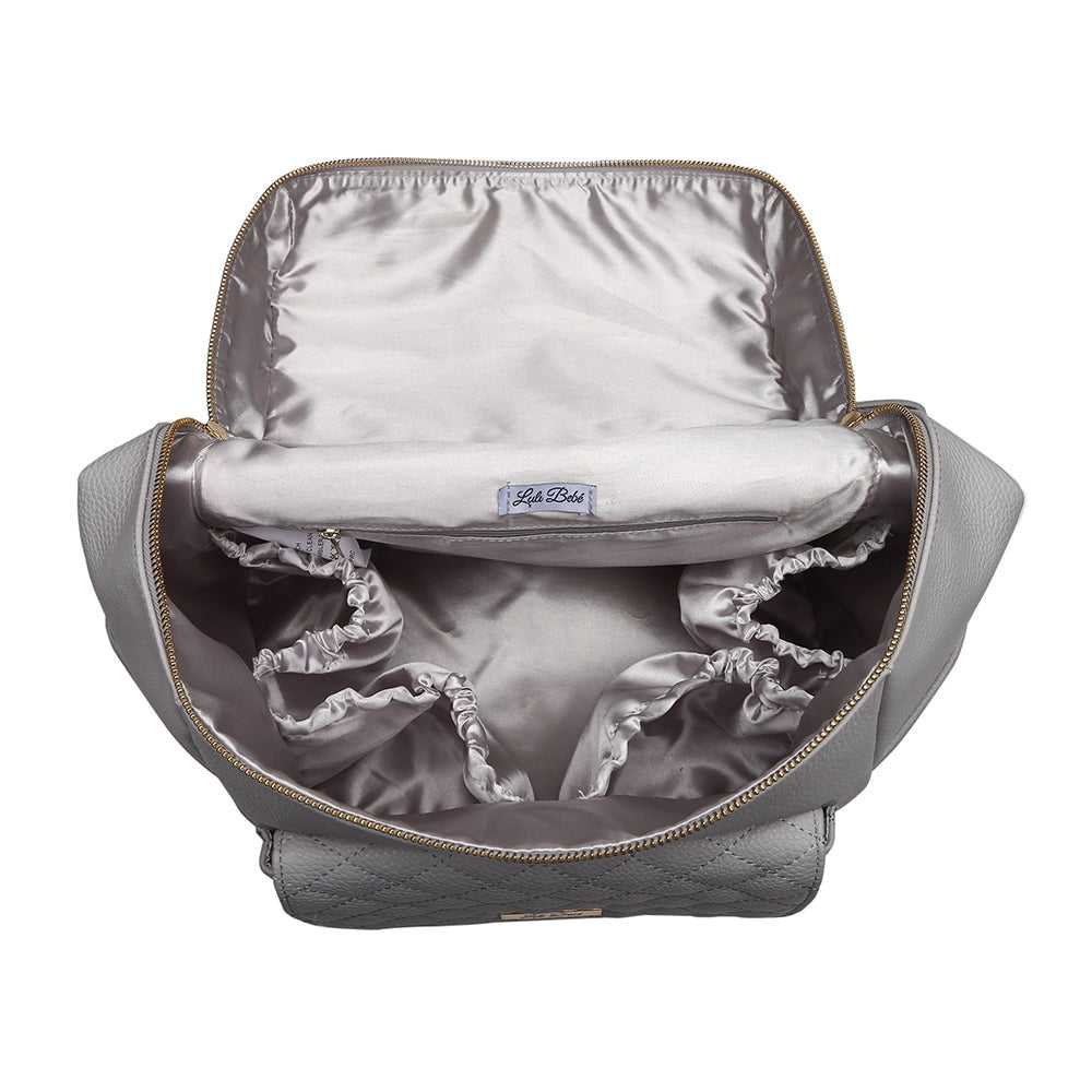 Signature Large Stone Grey Diaper Bag by Luli Bebe with multiple organized interior pockets for bottles, wipes, and newborn essentials