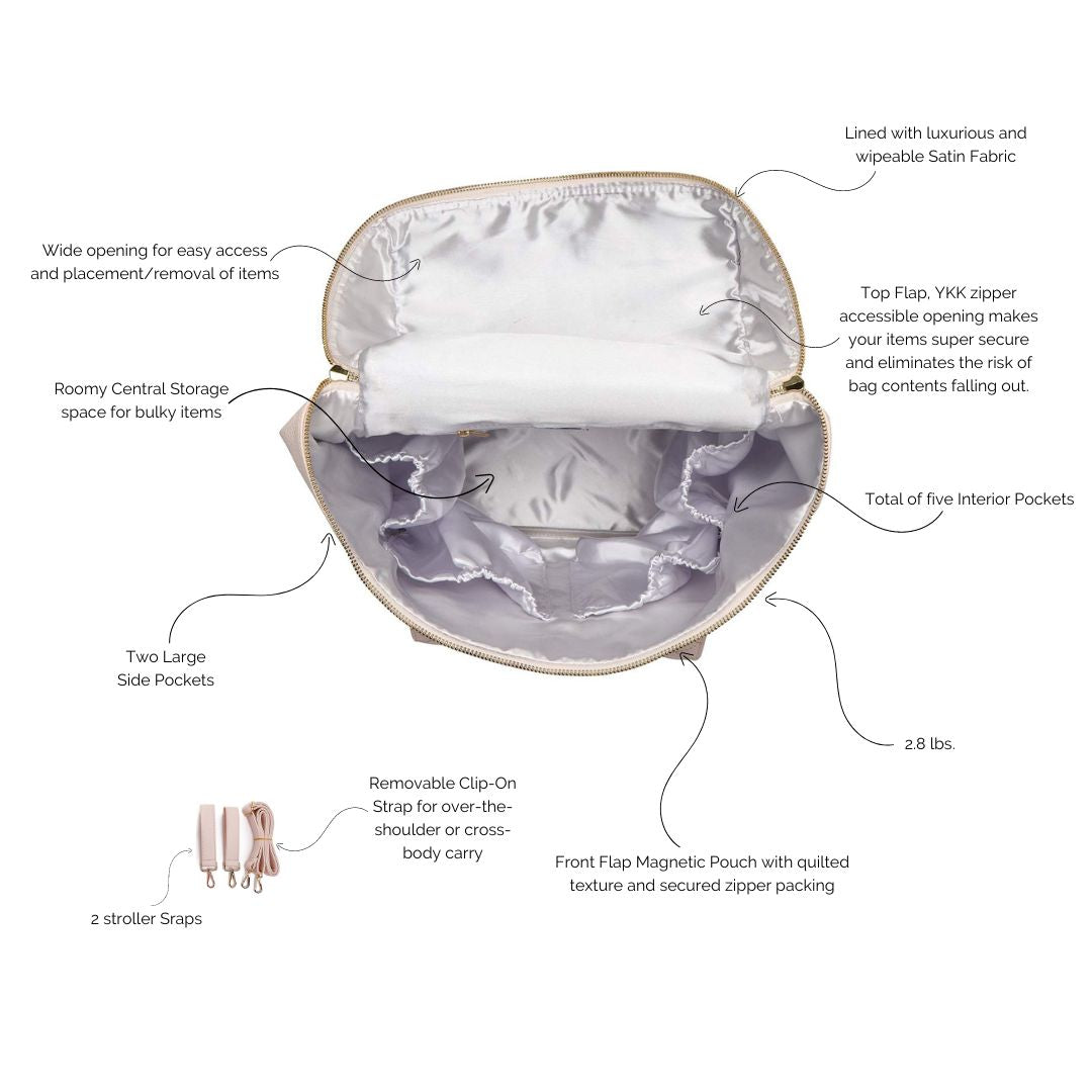 Pastel Pink Diaper Bag | Petit Monaco by Luli Bebe interior view with satin lining and pocket features