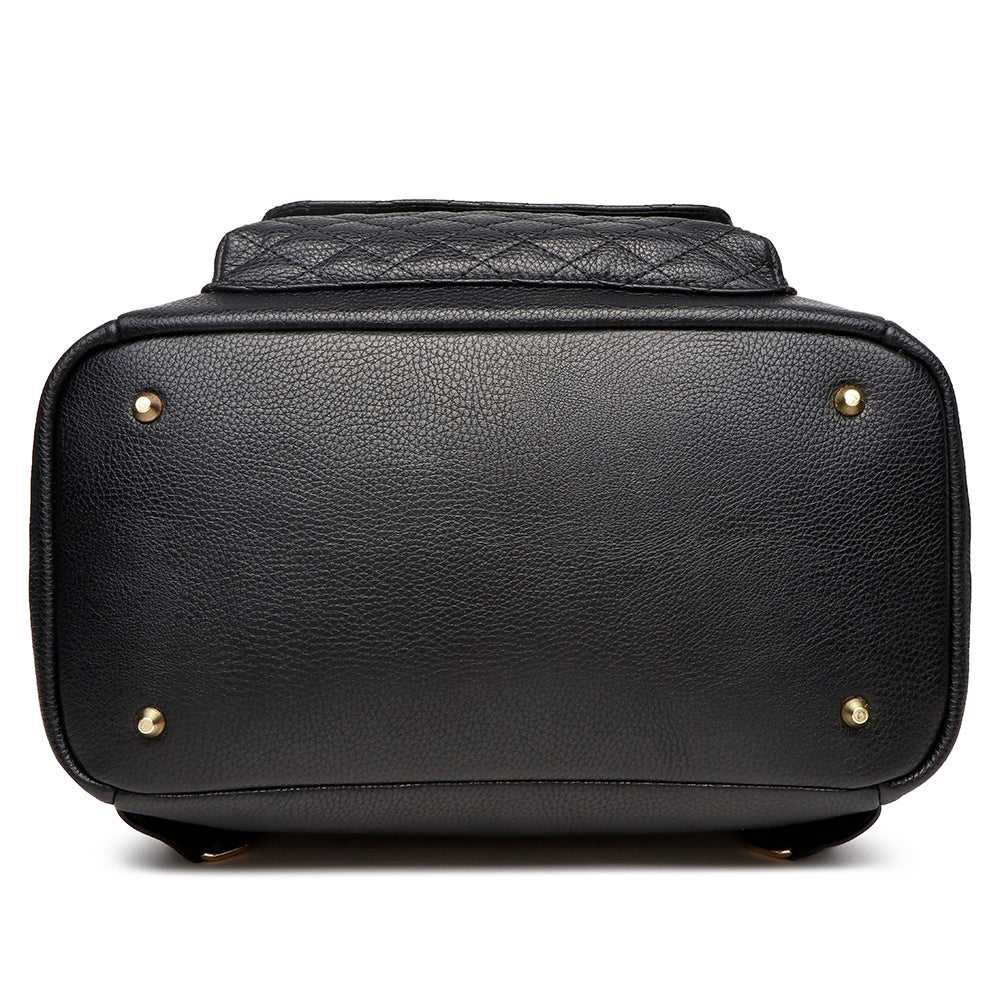 Luxury bottom view of Petit Monaco ebony black diaper bag by Luli Bebe, stylish compact diaper backpack with durable base for moms